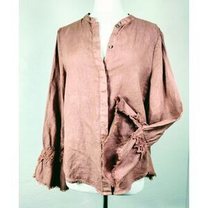 XCVI Women's Brown Button Up Long Sleeve Jacket Blouse 100% Linen Upscale Sz L
